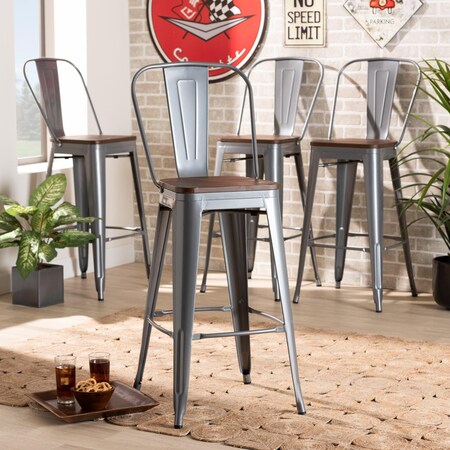 Baxton Studio Rosetta Modern Industrial Grey Metal and Walnut Brown Finished Wood 4-Piece Bar Stool Set 193-4PC-12057-ZORO